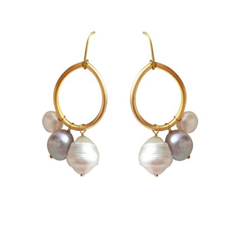 Large Solid Gold Hoop Earrings With Grey & White Freshwater & Baroque Pearls | Lily Flo Jewellery | Wolf & Badger