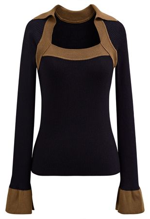 Square Neck Collared Color Block Knit Top in Black - Retro, Indie and Unique Fashion