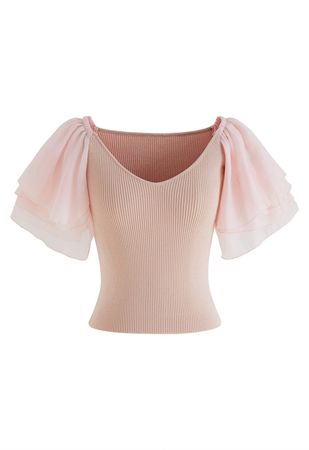 Spliced Tiered Flutter Sleeve Knit Crop Top in Pink - Retro, Indie and Unique Fashion