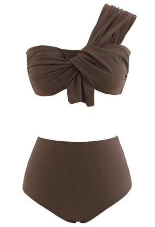 Sweet Knot One-Shoulder Bikini Set in Brown - Retro, Indie and Unique Fashion