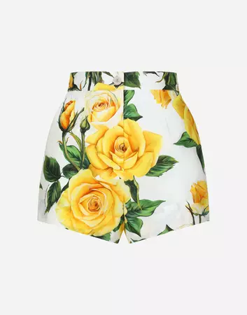 Cotton shorts with yellow rose print in Print for | Dolce&Gabbana® US