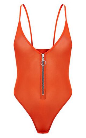 Orange Mesh Zip Front Thong Bodysuit | PrettyLittleThing