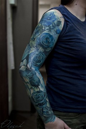 Sleeve tattoo flowers blue