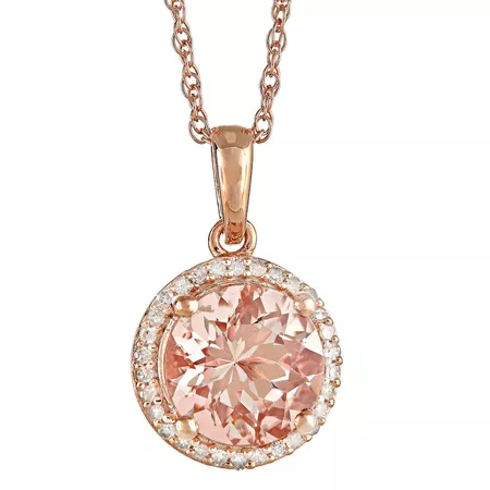 Sterling Silver 14K Rose Gold-Plated Morganite 1/10 Carat T.W. Diamond Halo Pendant Necklace