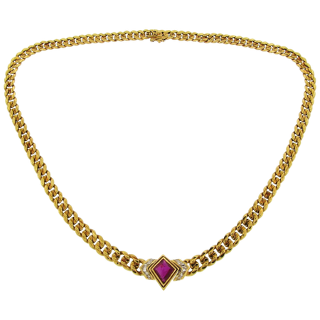 Bulgari Ruby Diamond Yellow Gold Chain Necklace, 1970s