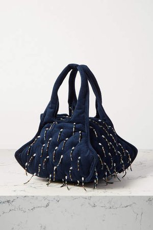 Khaore - Pillow Faux Pearl And Bead-embellished Velvet Tote - Navy
