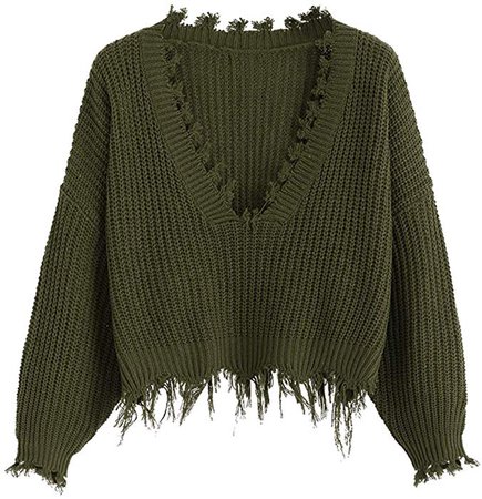 DEZZAL Women's Loose Long Sleeve V-Neck Ripped Pullover Knit Sweater Crop Top (Army Green) at Amazon Women’s Clothing store:
