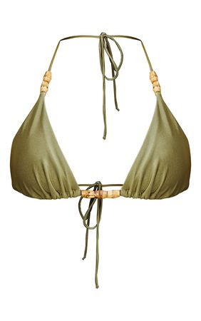 Olive Wooden Bead Triangle Bikini Top | PrettyLittleThing USA
