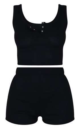 Black Rib Button Down Shorts PJ Set | PrettyLittleThing USA