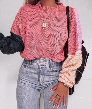 pink + black + tan sweater with jeans
