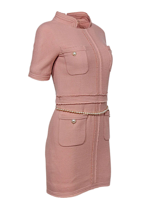 Chanel vintage Pink Wool Sheath Dress W/ Pearl Buttons & Belt