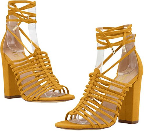 Olivia and James Women's Open Toe Strappy Lace Up Cage Gladiator Block Heel Chunky Sandal Shoes (7, Mustard): Buy Online at Best Price in UAE - Amazon.ae