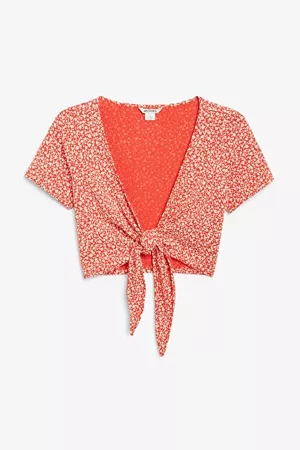 Tie front crop top - Red with white flowers - Tops - Monki WW