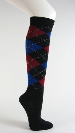 Black with dark red blue argyle socks knee high