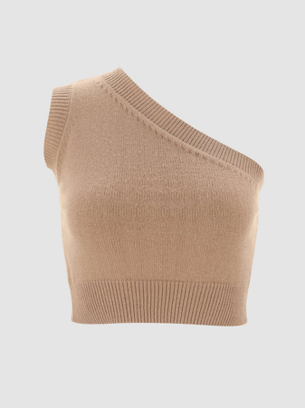 beige knit one shoulder crop top