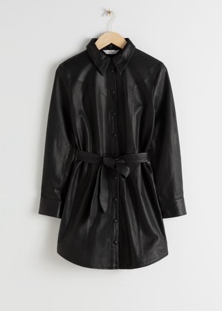Leather Belted Mini Shirt Dress - Black - Mini dresses - & Other Stories