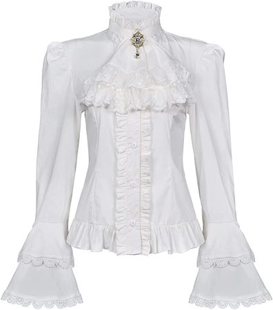 Victorian Blouse Womens Gothic Pirate Shirt Vintage Long Sleeve Lotus Ruffle Tops (M, 010 White)