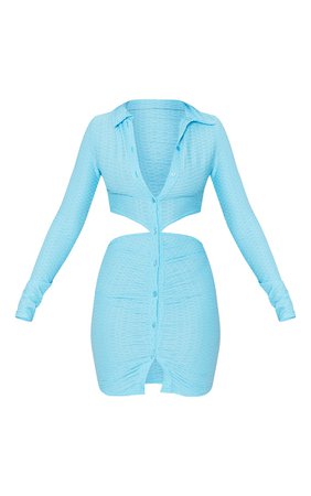 Blue Textured Cut Out Waist Shirt Dress | PrettyLittleThing USA