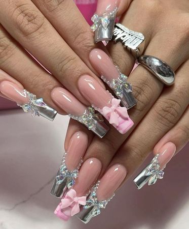 bow silver and pink acrylic nails