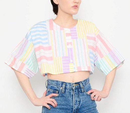 80s 90s Pastel Striped Shirt Color Block Cropped Grunge | Etsy