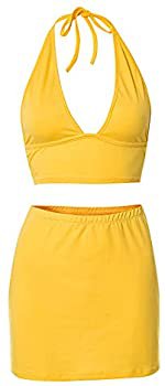 Amazon.com: Y2K Halter Neck 2 Pieces Outfits Set for Women Yellow Deep V Neck Crop Cami Top Tube Pencil Mini Skirts Vacation Clothes(A-Halter Yellow,Small: Clothing