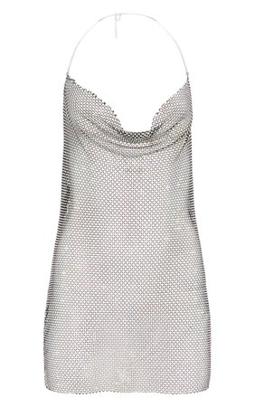 Silver Diamante Chain Halterneck Detail Bodycon Dress & Bandana Set | PrettyLittleThing