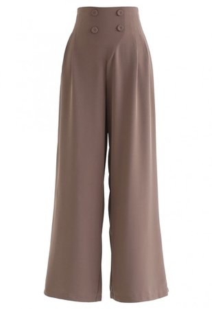 Button Embellished Wide-Leg Pants in Brown - NEW ARRIVALS - Retro, Indie and Unique Fashion