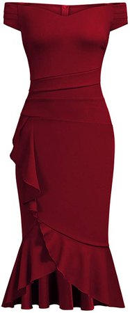 Amazon.com: Knitee Women's Off Shoulder V-Neck Ruffle Pleat Waist Bodycon Evening Cocktail Slit Formal Dress Dark Red : Clothing, Shoes & Jewelry