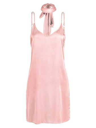 Pink Plunge Choker Tie Satin Cami Strap Slip Dress