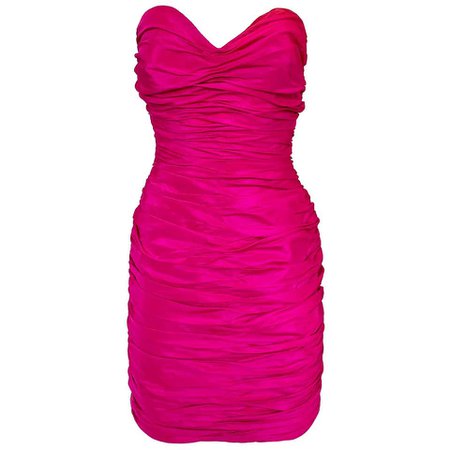 1980s Loris Azzaro Hot Pink Silk Taffeta Strapless Mini Dress w Bustle Back For Sale at 1stdibs