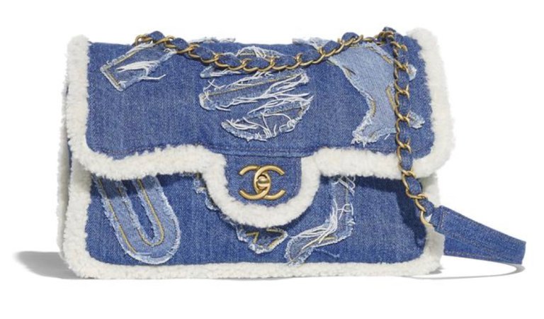 Chanel Cotton, Shearling Sheepskin & Gold-Tone Metal Light Blue Flap Bag