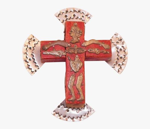 Mexican Folk Art Red Wooden Cross With Milagros Signed - Cross