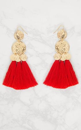 Red Coin Drop Tassel Earrings | Accessories | PrettyLittleThing
