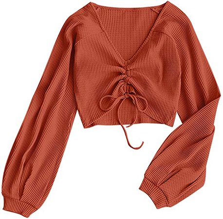 ZAFUL Women's Casual Long Sleeve V-Neck Ribbed Knitted Knot Front Crop Top at Amazon Women’s Clothing store