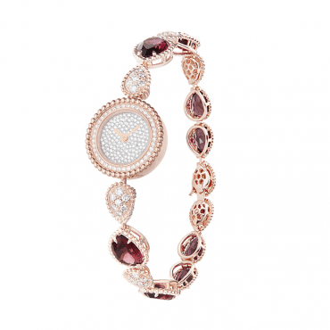 BOUCHERON, SERPENT BOHÈME Jewelry watch in pink gold with diamonds, pink gold diamond paved dial, diamonds and rhodolite paved bracelet