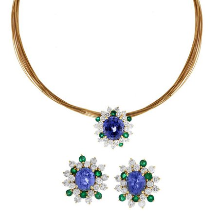 Blue and Green Sapphire Diamond Pendant Necklace and Earrings Set For Sale at 1stdibs