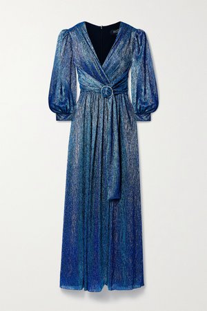 Blue Crystal-embellished gathered metallic lamé gown | PatBO | NET-A-PORTER
