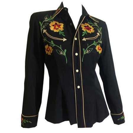 Festive Floral Embroidered Black Gabardine Western Shirt circa 1940s – Dorothea's Closet Vintage