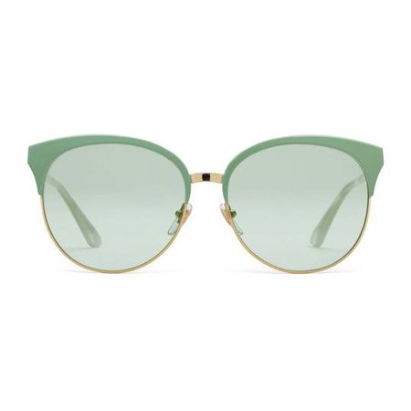 Specialized fit round-frame metal sunglasses in Gold metal frame with sage green brow bar, inspired by 1950s styling | Gucci Women's Cat Eye
