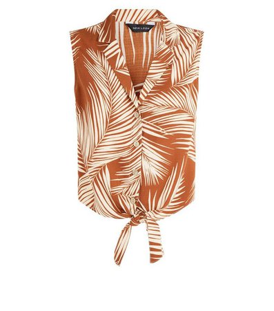 Brown Palm Print Sleeveless Tie Front Shirt | New Look