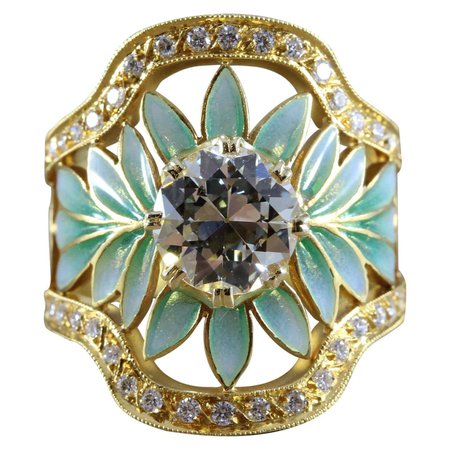 Masriera Diamond Enamel Plique-a-Jour Gold Engagement Ring For Sale at 1stDibs | enamel engagement rings