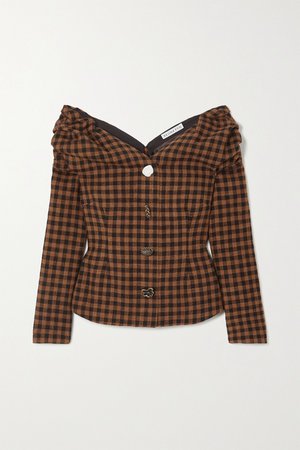 Brown Miriam off-the-shoulder button-embellished checked wool and cotton-blend blouse | REJINA PYO | NET-A-PORTER