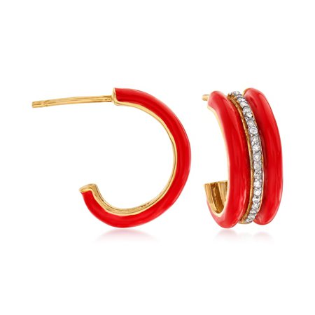 Ross-Simons .20 ct. t.w. Diamond and Red Enamel J-Hoop Earrings