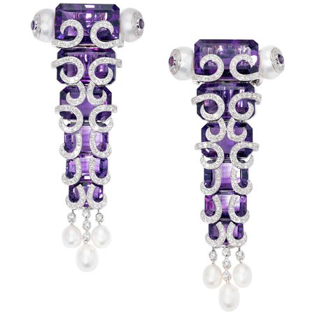 Statement Pair of Amethyst and Pearl Drop Earrings in 18 Karat White Gold For Sale at 1stDibs