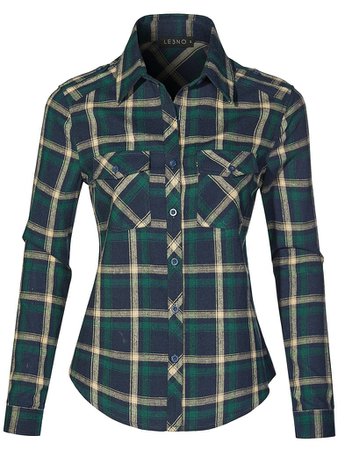 LE3NO Womens Casual Tartan Plaid Flannel Roll Up Long Sleeve Button Down Shirt | LE3NO blue