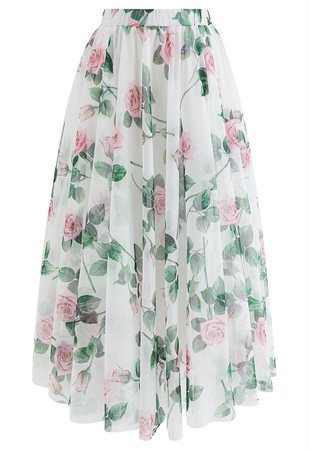 green and pink floral skirt