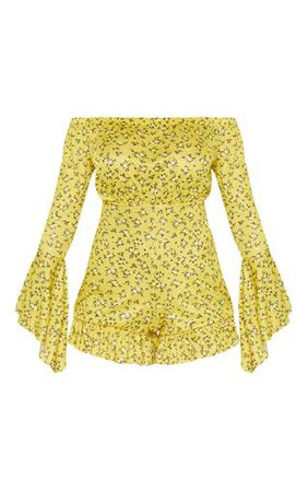 Yellow Ditsy Print Long Sleeve Bardot Playsuit | PrettyLittleThing