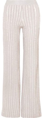 Striped Metallic Knitted Wide-leg Pants - Silver