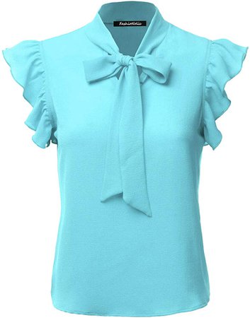 FASHIONOLIC Women's Casual Cap Sleeve Bow Tie Blouse Top Shirts (PSALM23) Aqua L at Amazon Women’s Clothing store