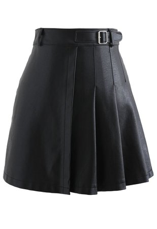 Belt Detail Faux Leather Pleated Mini Skirt in Black - Retro, Indie and Unique Fashion